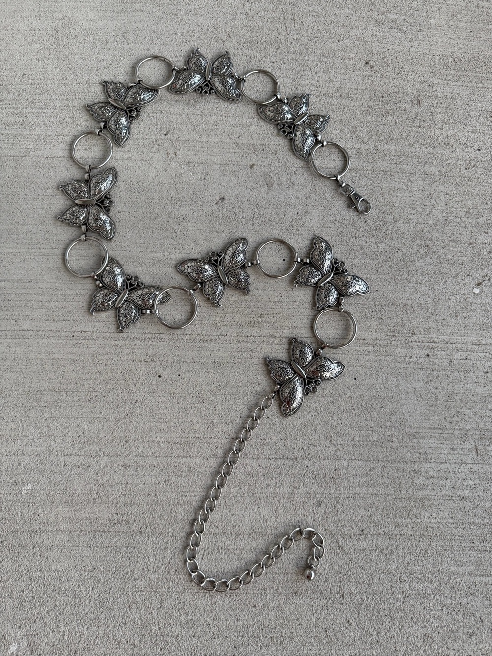 Vintage Butterfly Chain Belt Silver Tone Filigree Adjustable Waist Hip Belt 47”